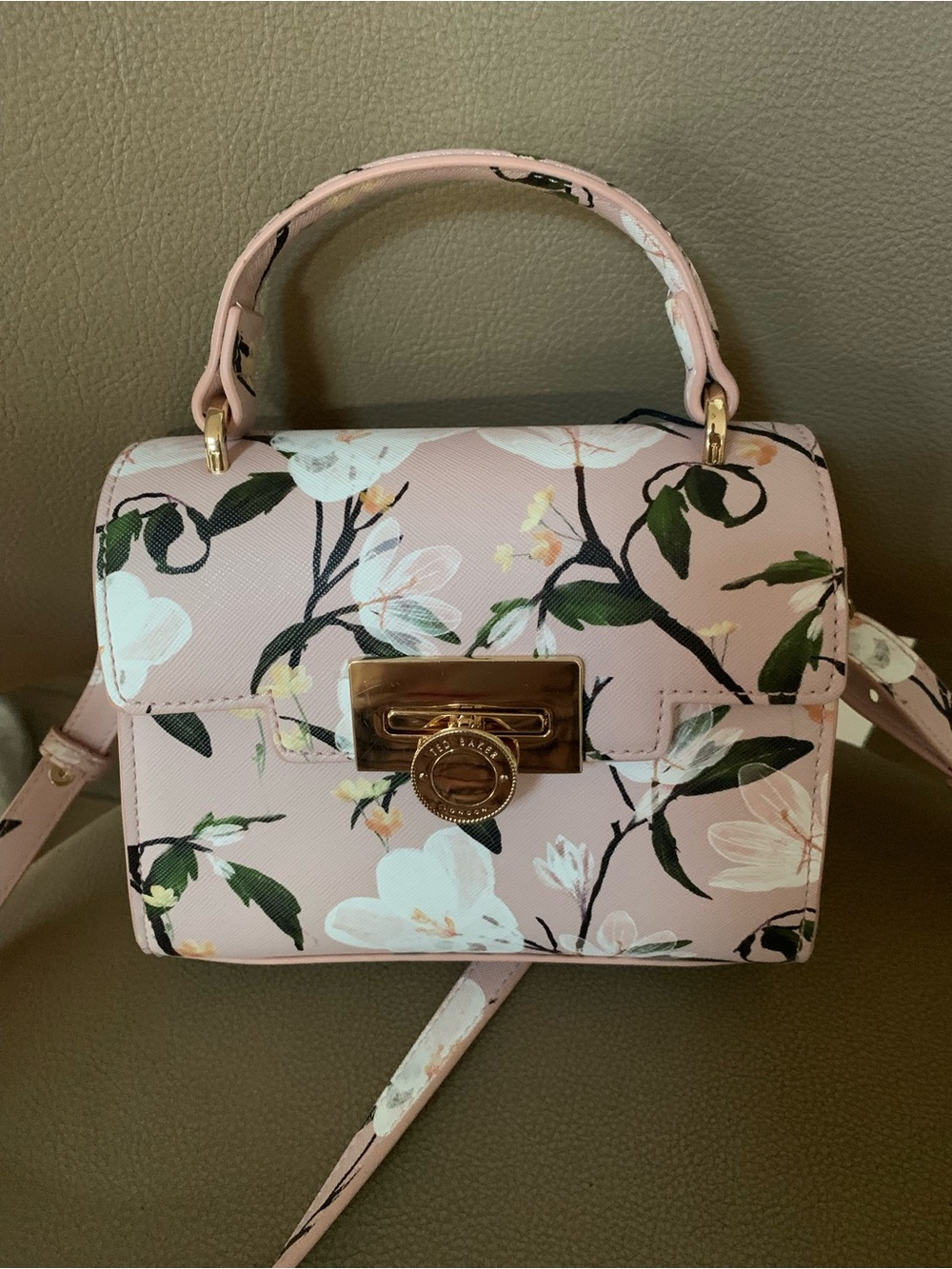 Ted Baker Pink Floral Top-Handle Satchel with Gold Hardware